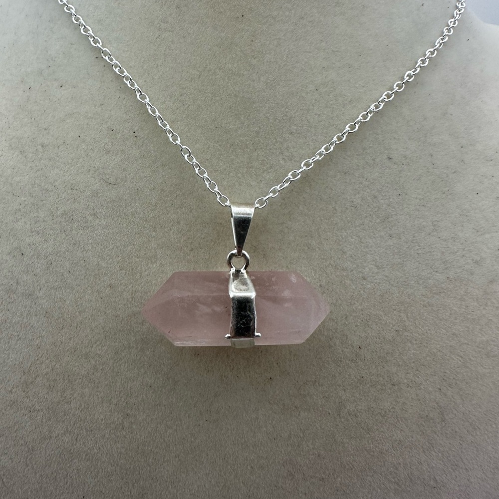 Double Terminated Rose Quartz Pendant on Silver Box Chain - Picture 1 of 8